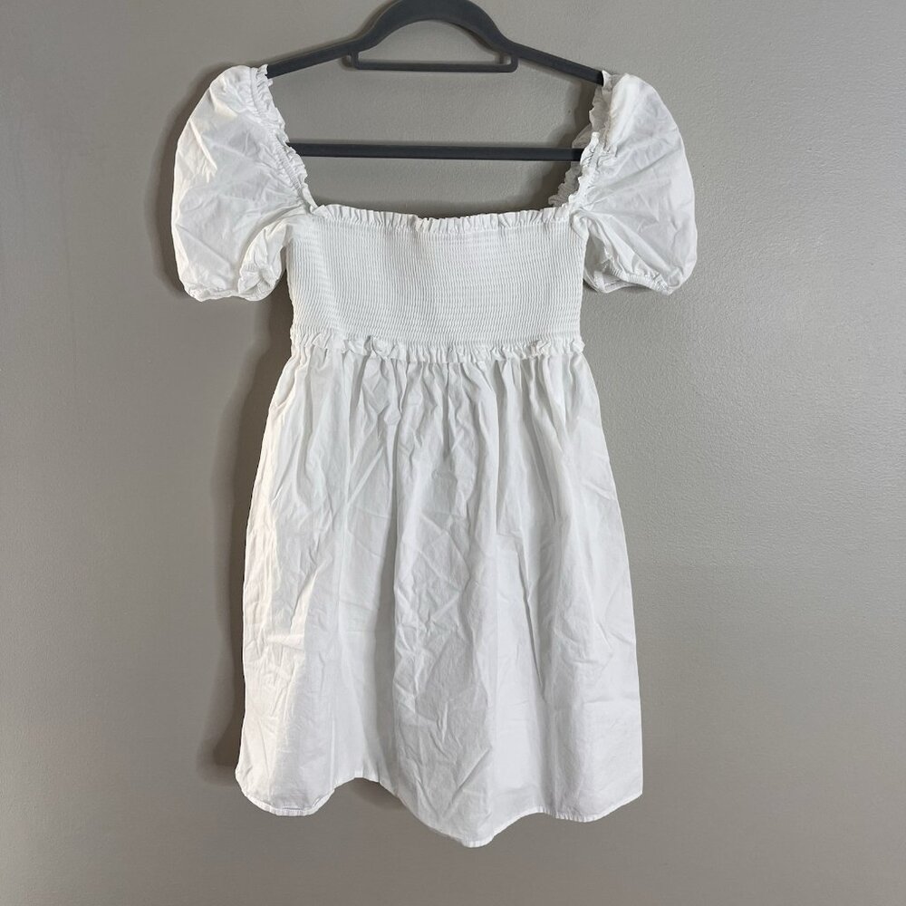 Sun-deh Aritzia Size XS White Mini Smocked Puff Sleeve Cotton Dress